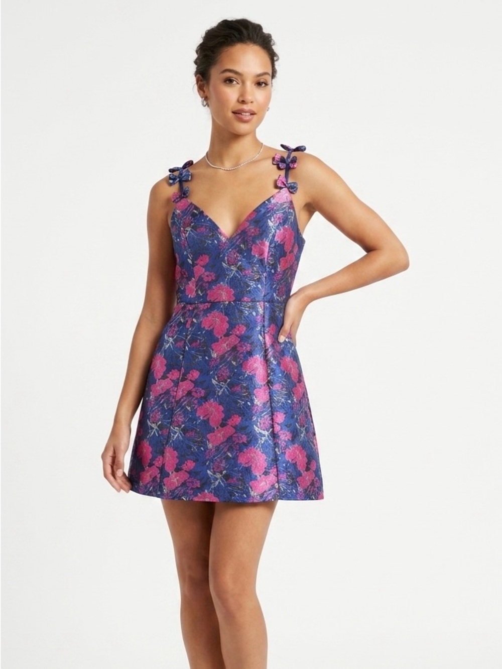 Bright, Floral Bow-Shoulder Mini Dress in Blue and Pink - L